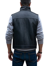 Men's Black Leather Utility Vest With Multiple Pockets